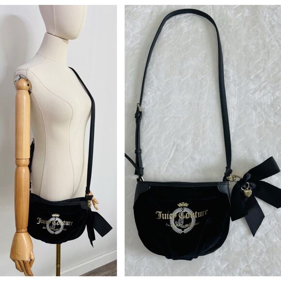 Vintage Juicy Couture Black Velour Crossbody Bag Purse Bow Charm Logo Rare Y2K - Picture 1 of 14